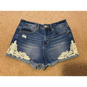 Aeropostale Womens Jean Shorts 0 Dark Blue Wash High Waisted Shorty Lace Flower